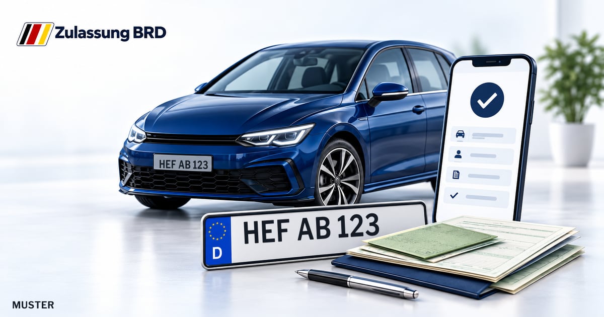 Online Fahrzeugzulassung in Heringen (Werra): Musterkennzeichen HEF AB 123, Auto und Fahrzeugpapiere und Smartphone. Illustration mit Logo von Zulassung BRD.